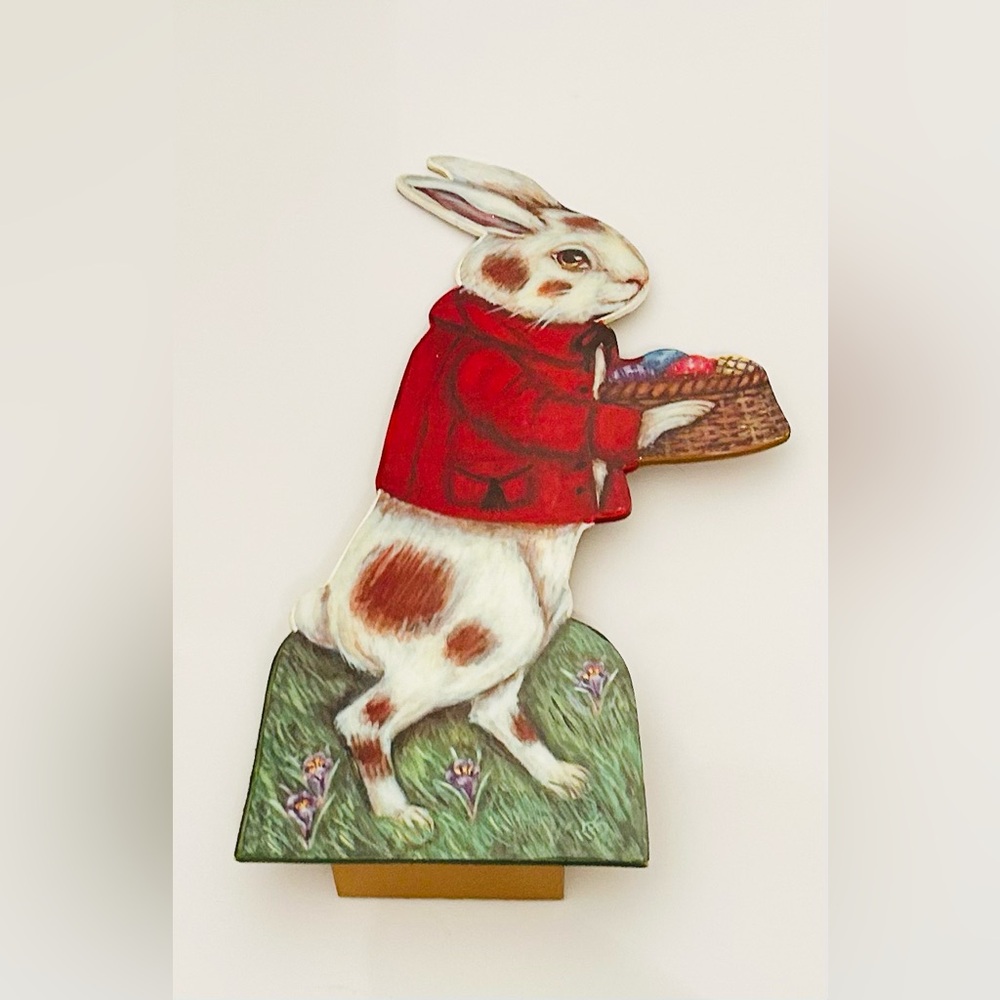 Bethany Lowe White Rabbit in Red Coat w/ Easter Basket Wooden Display Figure - Picture 3 of 6
